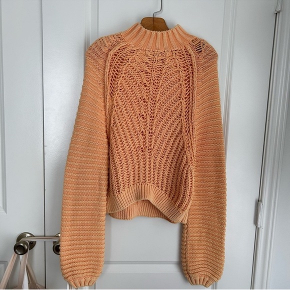 Free People sweetheart chunky knit grandmacore balloon orange pullover sweater - Picture 2 of 8